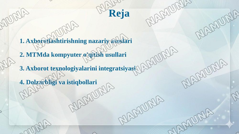 Maktabgacha talim jarayonini axborotlashtirish metodikasi MTM da kampiyutr o'qitish usullari — 2-slayd