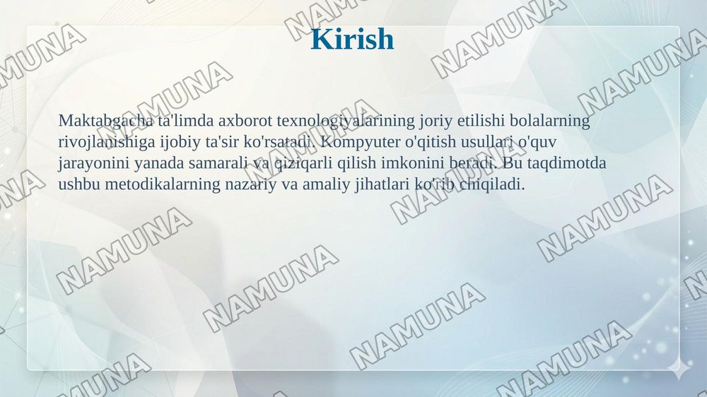Maktabgacha talim jarayonini axborotlashtirish metodikasi MTM da kampiyutr o'qitish usullari — 3-slayd