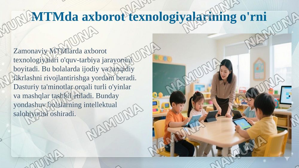 Maktabgacha talim jarayonini axborotlashtirish metodikasi MTM da kampiyutr o'qitish usullari — 5-slayd