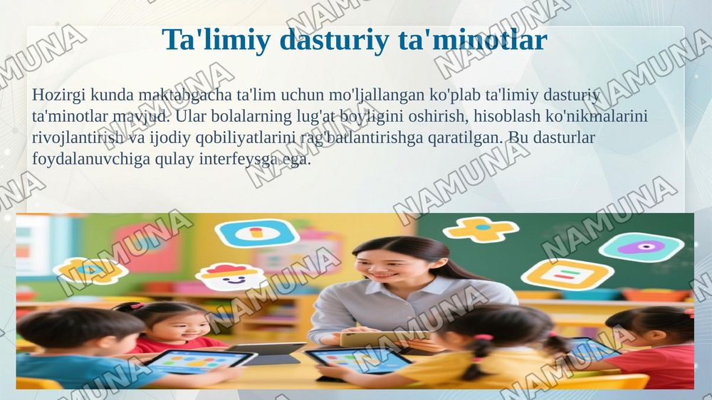 Maktabgacha talim jarayonini axborotlashtirish metodikasi MTM da kampiyutr o'qitish usullari — 8-slayd