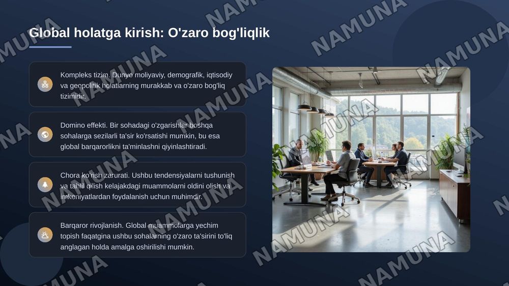 Dunyo moliyaviy, demografik, iqtisodiyot, urushlar holatini doirasimon diagramalarda tushuntir — 3-slayd