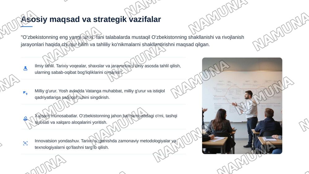 "Oʻzbekiston ning eng yangi tarixi" oʻquv fanining predmeti, maqsadi va vazifalari, nazariy-metodologik tamoyillari. — 4-slayd