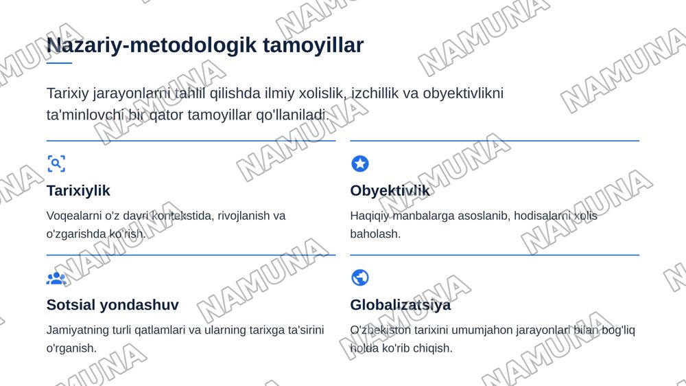"Oʻzbekiston ning eng yangi tarixi" oʻquv fanining predmeti, maqsadi va vazifalari, nazariy-metodologik tamoyillari. — 5-slayd