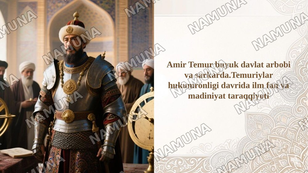 Amir Temur buyuk davlat arbobi va sarkarda.Temuriylar hukumronligi davrida ilm fan va madiniyat taraqqiyoti — 1-slayd
