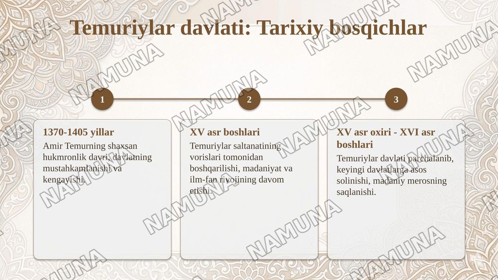 Amir Temur buyuk davlat arbobi va sarkarda.Temuriylar hukumronligi davrida ilm fan va madiniyat taraqqiyoti — 5-slayd