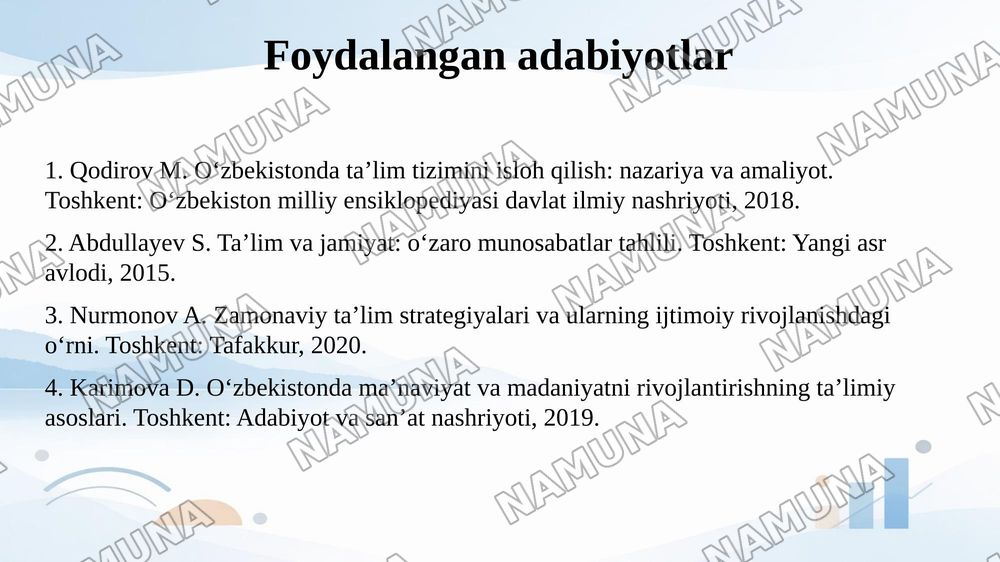 Oʻzbekistonda taʼlim islohotlari va ularning ijtimoiy va madaniy hayotda aks etishi — 15-slayd