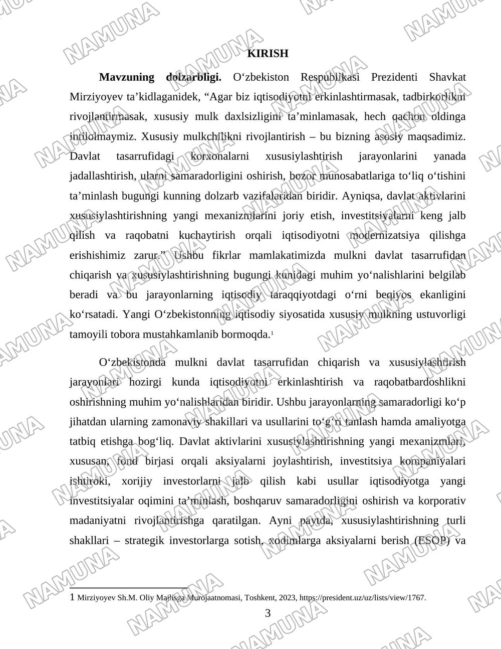 Oʻzbekistonda mulkni davlat tasarufidan chiqarish va xususiylashtirishning hozirgi zamondagi xususiyatlari asosiy shakillari va usullari. — 3-varaq