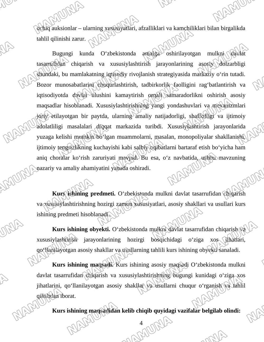 Oʻzbekistonda mulkni davlat tasarufidan chiqarish va xususiylashtirishning hozirgi zamondagi xususiyatlari asosiy shakillari va usullari. — 4-varaq