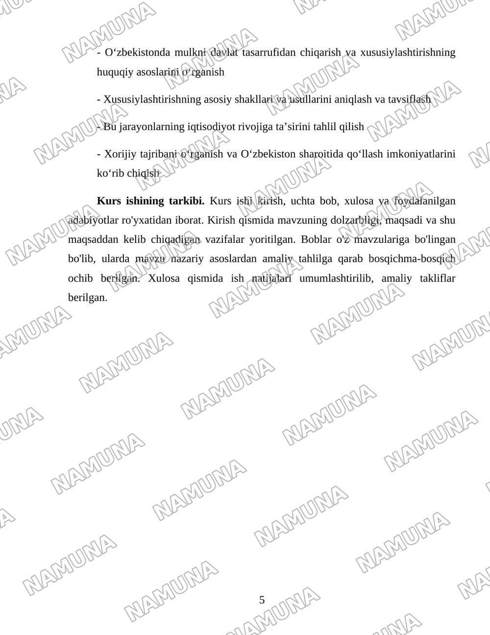 Oʻzbekistonda mulkni davlat tasarufidan chiqarish va xususiylashtirishning hozirgi zamondagi xususiyatlari asosiy shakillari va usullari. — 5-varaq