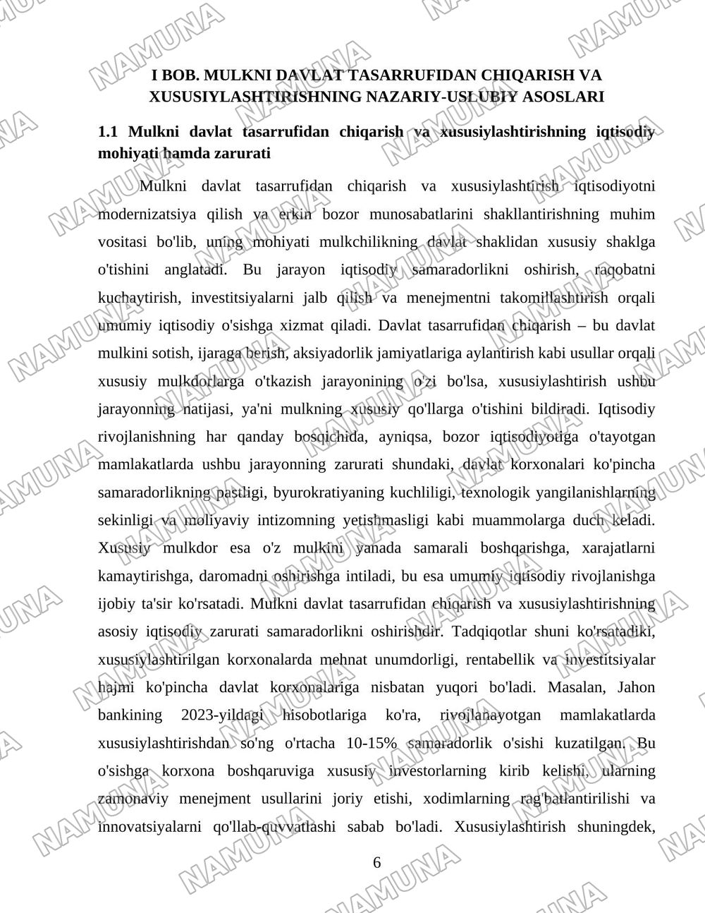 Oʻzbekistonda mulkni davlat tasarufidan chiqarish va xususiylashtirishning hozirgi zamondagi xususiyatlari asosiy shakillari va usullari. — 6-varaq