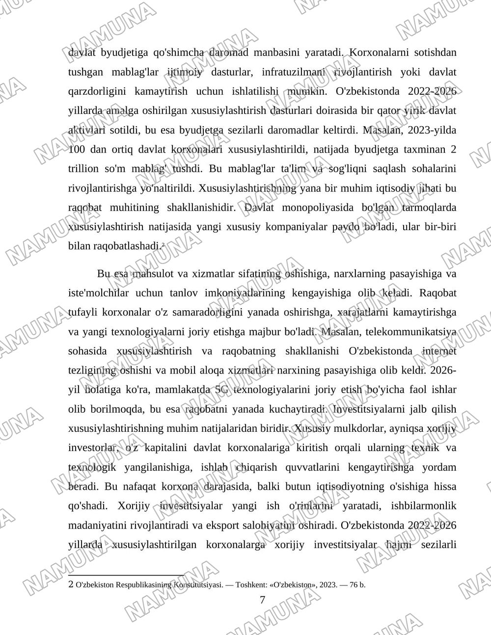 Oʻzbekistonda mulkni davlat tasarufidan chiqarish va xususiylashtirishning hozirgi zamondagi xususiyatlari asosiy shakillari va usullari. — 7-varaq