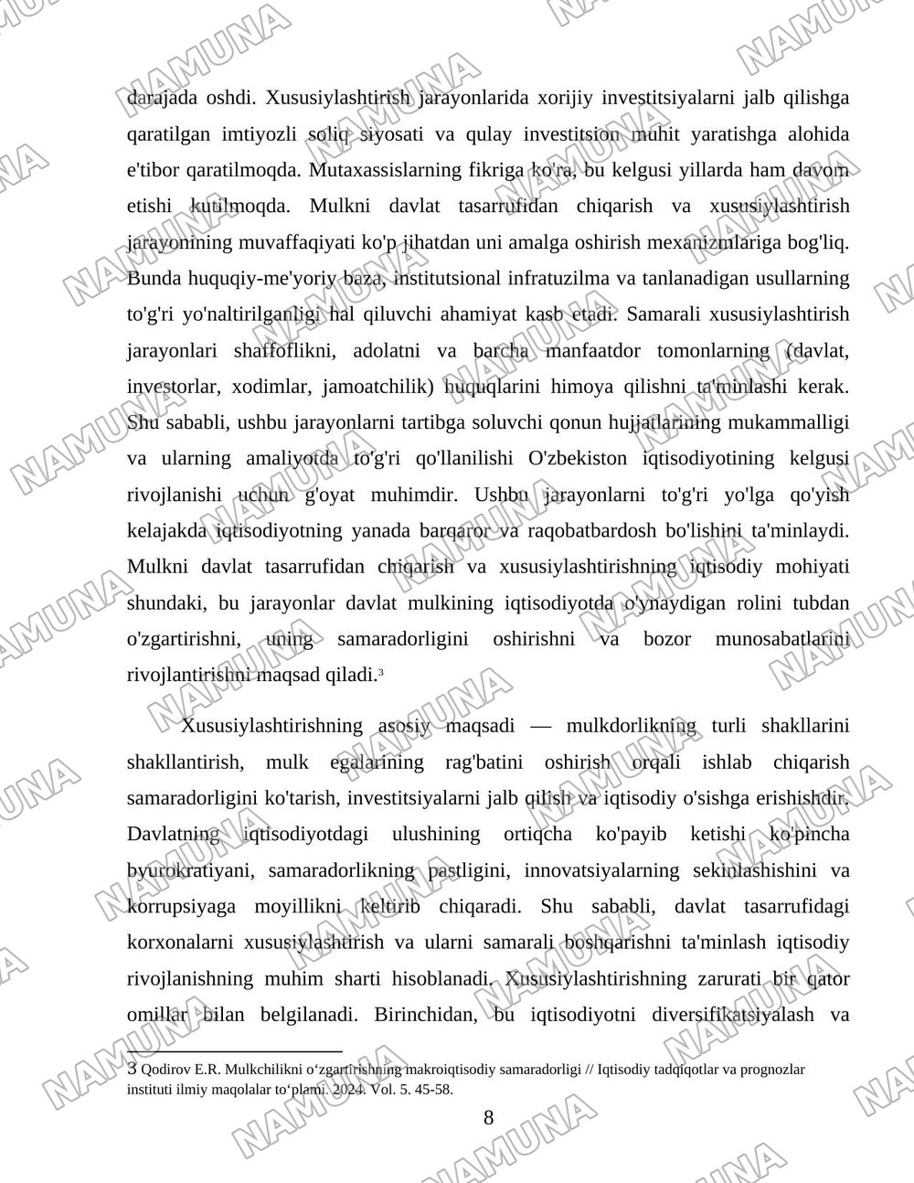 Oʻzbekistonda mulkni davlat tasarufidan chiqarish va xususiylashtirishning hozirgi zamondagi xususiyatlari asosiy shakillari va usullari. — 8-varaq