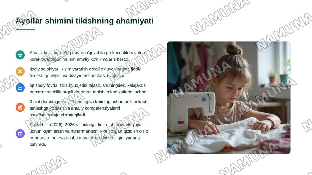 Ayollar shimini bichish va tikish 9sinf texnologiya darsi asosida — 3-slayd