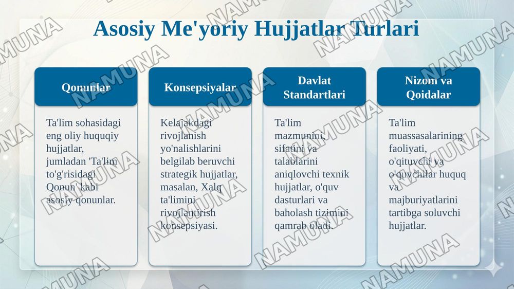 Ta'lim mazmunini belgilovchi me'yoriy hujjatlar — 5-slayd