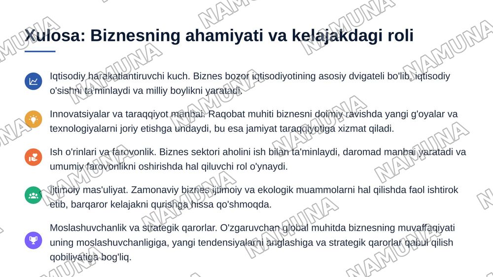 Bozor iqtisodiyotida biznesning oʻrni va roli — 5-slayd