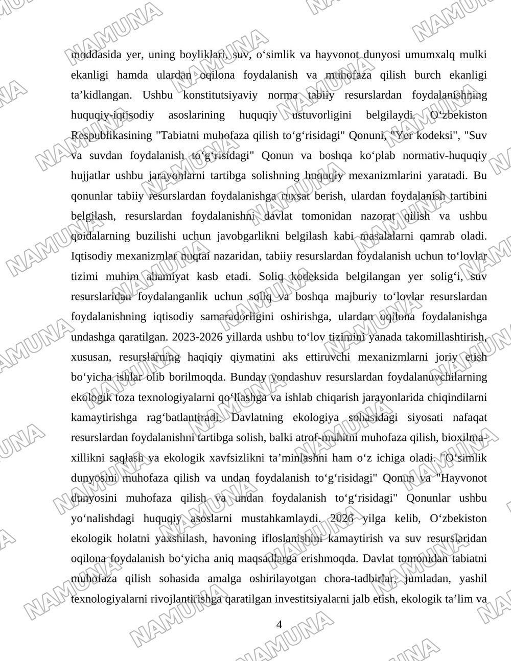 Davlatning tabiiy resurslardan foydalanish jarayonlarini tartibga solishi va ekologiya sohasidagi siyosati. — 4-varaq