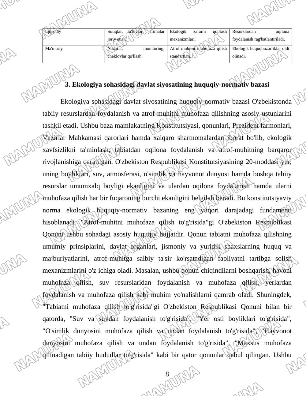 Davlatning tabiiy resurslardan foydalanish jarayonlarini tartibga solishi va ekologiya sohasidagi siyosati. — 8-varaq