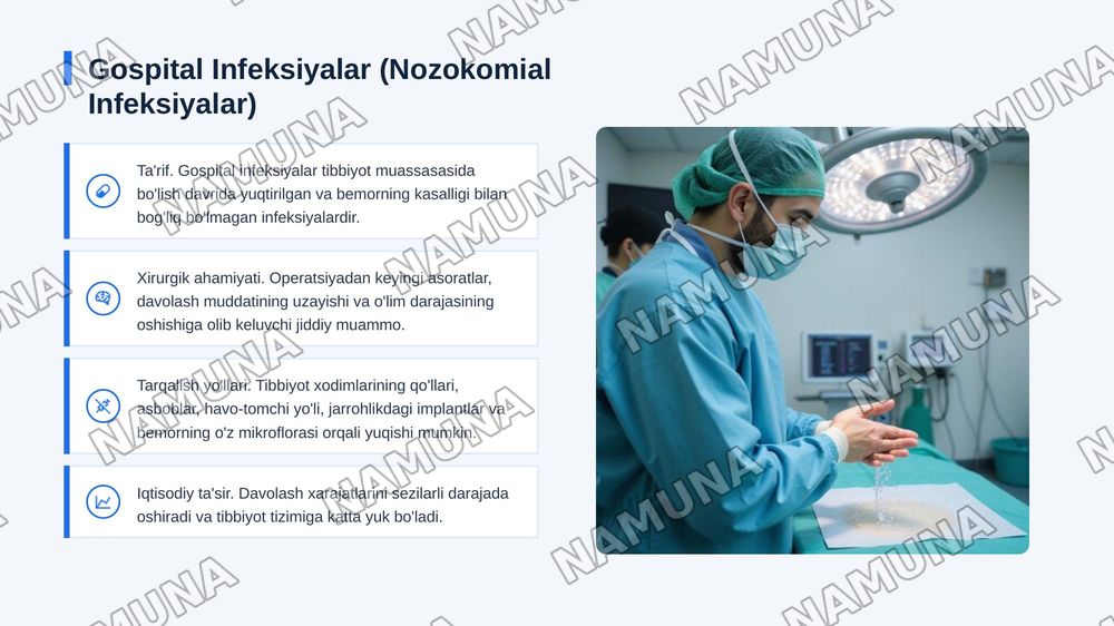 Implantatsion infeksiya profilaktikasi. Tikuv materiallari, protezlar, metal konstruksiyalar  
sterilizatsiyasi. Past haroratli va nurli sterilizatsiya. Gospital infeksiya. Xirurgiyada  
SPID-infeksiya muammosi va profilaktikasi. — 3-slayd