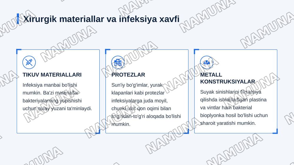 Implantatsion infeksiya profilaktikasi. Tikuv materiallari, protezlar, metal konstruksiyalar  
sterilizatsiyasi. Past haroratli va nurli sterilizatsiya. Gospital infeksiya. Xirurgiyada  
SPID-infeksiya muammosi va profilaktikasi. — 5-slayd