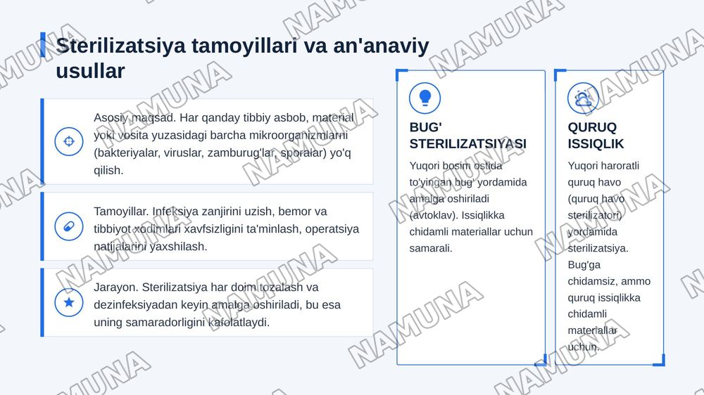 Implantatsion infeksiya profilaktikasi. Tikuv materiallari, protezlar, metal konstruksiyalar  
sterilizatsiyasi. Past haroratli va nurli sterilizatsiya. Gospital infeksiya. Xirurgiyada  
SPID-infeksiya muammosi va profilaktikasi. — 6-slayd