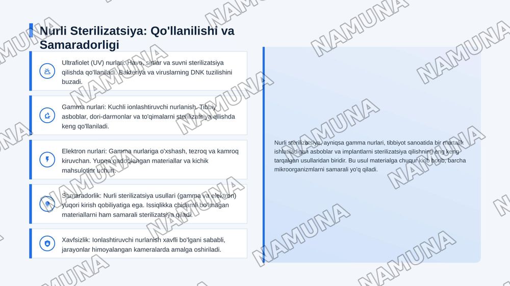 Implantatsion infeksiya profilaktikasi. Tikuv materiallari, protezlar, metal konstruksiyalar  
sterilizatsiyasi. Past haroratli va nurli sterilizatsiya. Gospital infeksiya. Xirurgiyada  
SPID-infeksiya muammosi va profilaktikasi. — 8-slayd