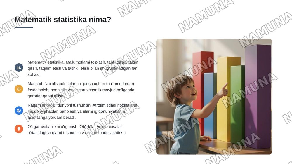 Matematik statistikaning asosiy tushunchalari. (Boshlangʻich taʼlimga tadbiq etib) — 3-slayd