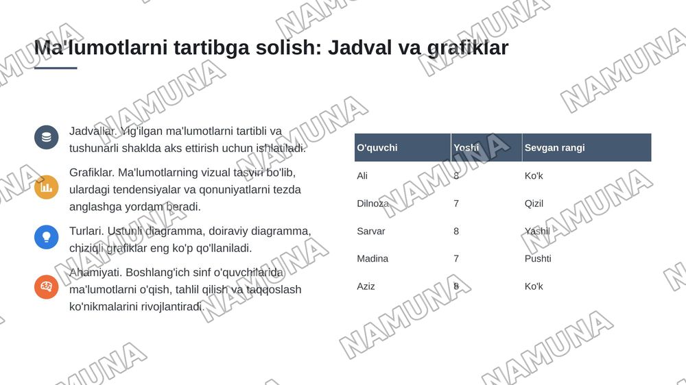 Matematik statistikaning asosiy tushunchalari. (Boshlangʻich taʼlimga tadbiq etib) — 7-slayd
