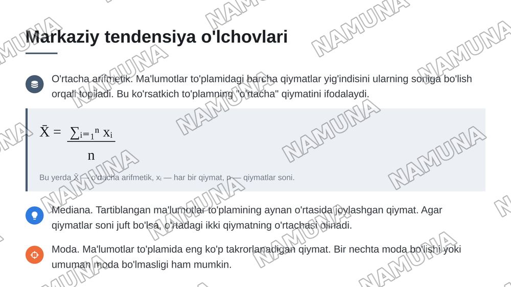 Matematik statistikaning asosiy tushunchalari. (Boshlangʻich taʼlimga tadbiq etib) — 8-slayd