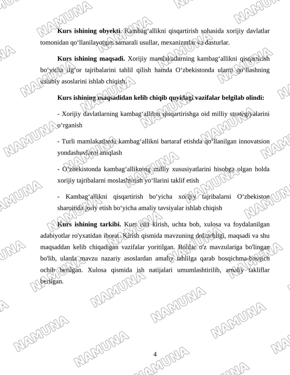 Xorijiy mamlakatlarning kambagʻallikni qisqartirish boʻyicha tajribalarini Oʻzbekistonda qoʻllash yoʻllari — 4-varaq