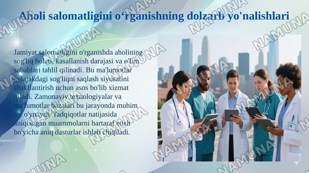 Jamiyat salomatligini saqlash va uni oʻrganish usullari — 5-slayd