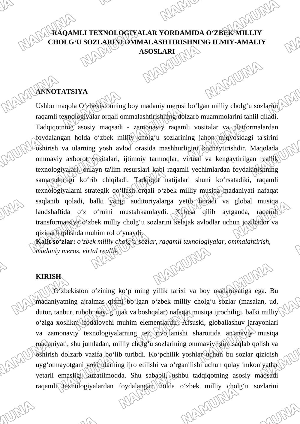 Raqamli texnologiyalar yordamida o'zbek milliy cholg'u sozlarini ommalashtirish' — 1-varaq