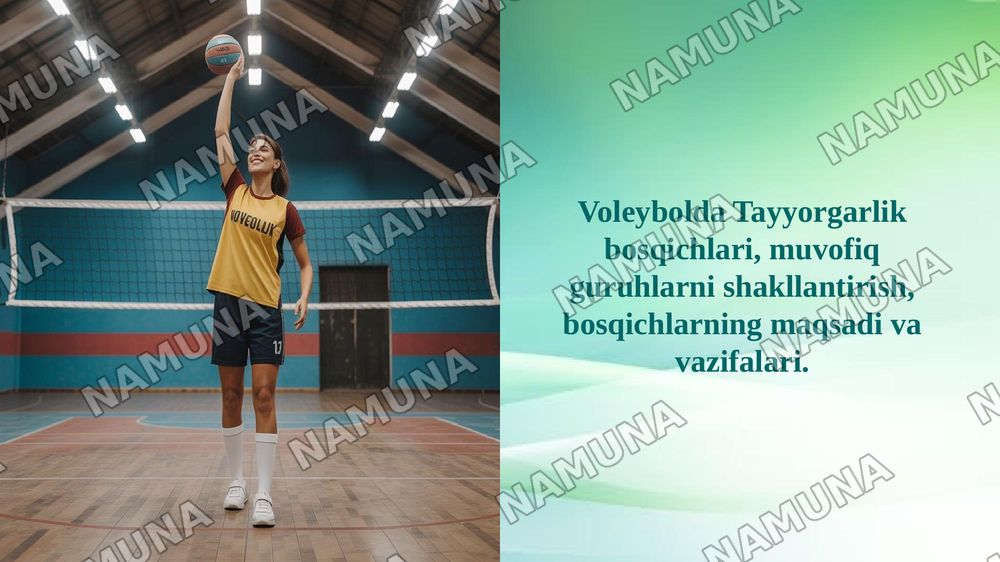 Voleybolda Tayyorgarlik bosqichlari, muvofiq guruhlarni shakllantirish, bosqichlarning maqsadi va vazifalari. — 1-slayd