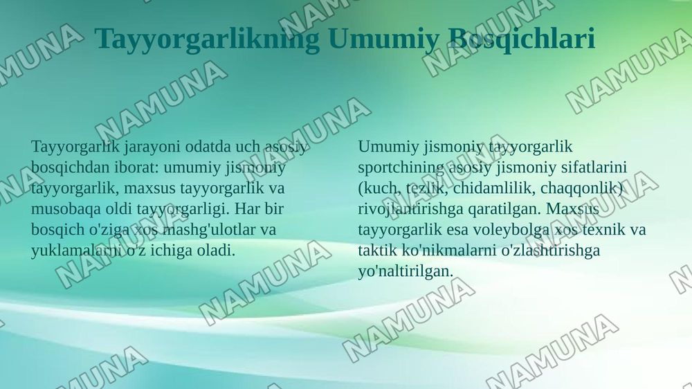 Voleybolda Tayyorgarlik bosqichlari, muvofiq guruhlarni shakllantirish, bosqichlarning maqsadi va vazifalari. — 4-slayd