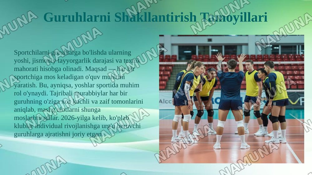 Voleybolda Tayyorgarlik bosqichlari, muvofiq guruhlarni shakllantirish, bosqichlarning maqsadi va vazifalari. — 5-slayd