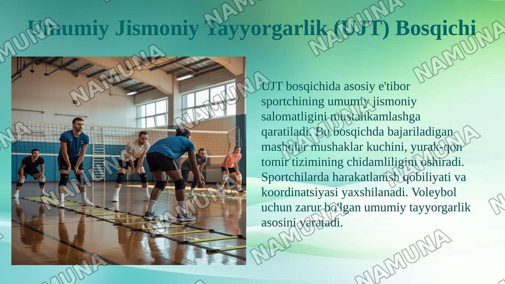 Voleybolda Tayyorgarlik bosqichlari, muvofiq guruhlarni shakllantirish, bosqichlarning maqsadi va vazifalari. — 6-slayd