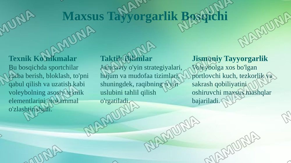 Voleybolda Tayyorgarlik bosqichlari, muvofiq guruhlarni shakllantirish, bosqichlarning maqsadi va vazifalari. — 7-slayd