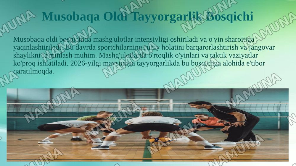 Voleybolda Tayyorgarlik bosqichlari, muvofiq guruhlarni shakllantirish, bosqichlarning maqsadi va vazifalari. — 8-slayd