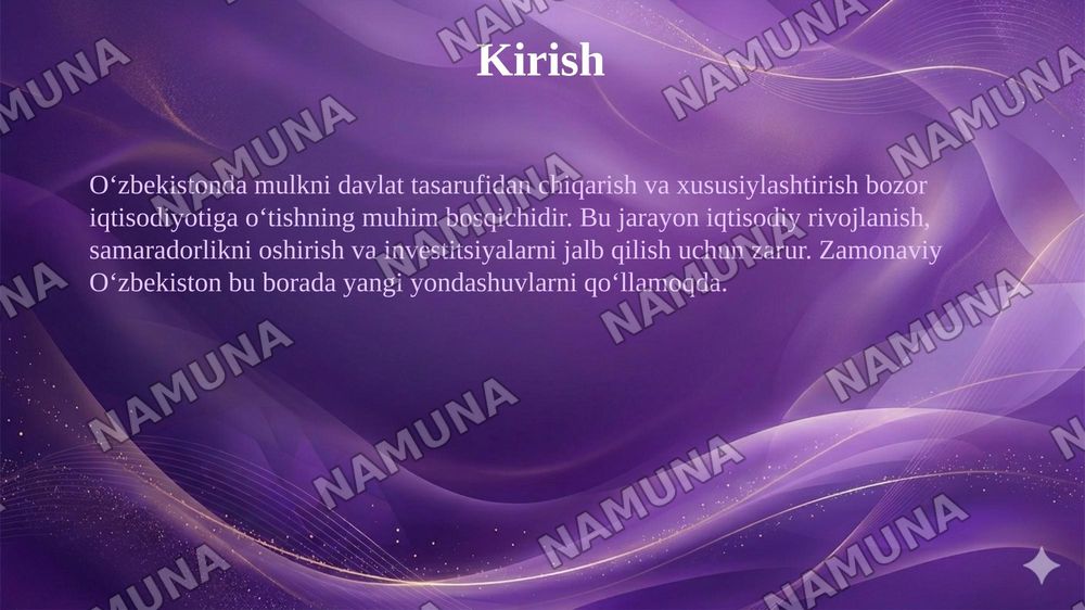 Oʻzbekistonda mulkni davlat tasarufidan chiqarish va xususiylashtirishning hozirgi zamondagi xususiyatlari asosiy shakillari va usullari. — 3-slayd