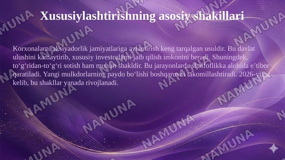 Oʻzbekistonda mulkni davlat tasarufidan chiqarish va xususiylashtirishning hozirgi zamondagi xususiyatlari asosiy shakillari va usullari. — 5-slayd