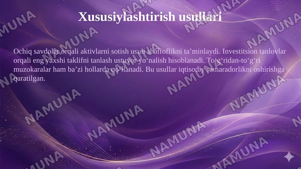 Oʻzbekistonda mulkni davlat tasarufidan chiqarish va xususiylashtirishning hozirgi zamondagi xususiyatlari asosiy shakillari va usullari. — 6-slayd