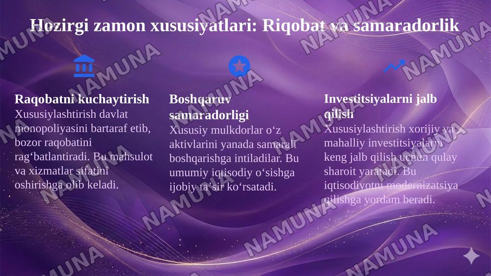 Oʻzbekistonda mulkni davlat tasarufidan chiqarish va xususiylashtirishning hozirgi zamondagi xususiyatlari asosiy shakillari va usullari. — 7-slayd