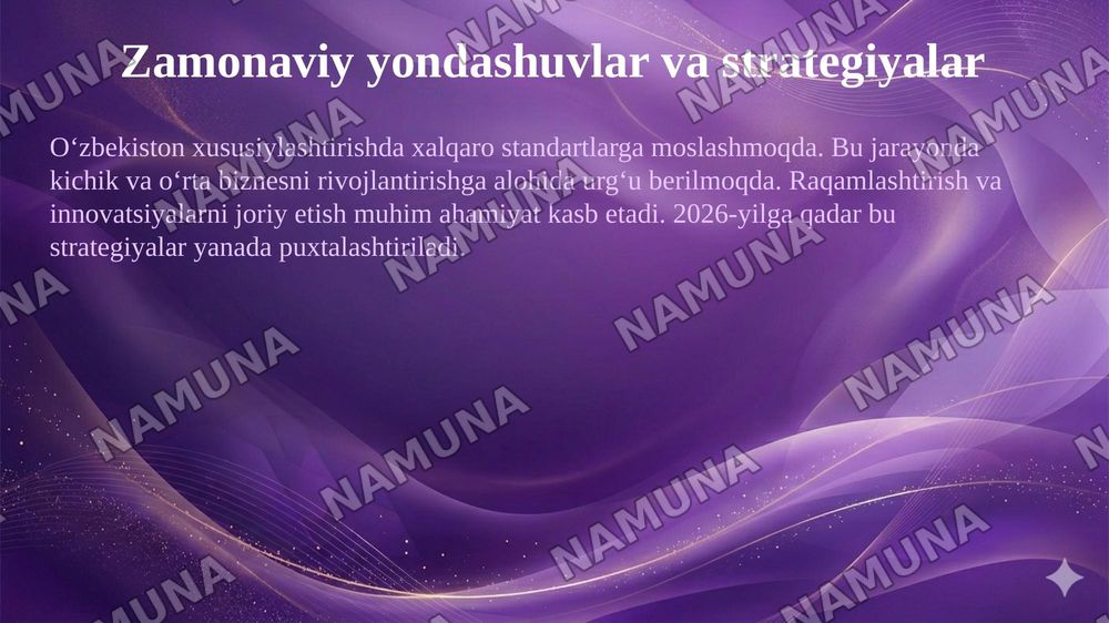 Oʻzbekistonda mulkni davlat tasarufidan chiqarish va xususiylashtirishning hozirgi zamondagi xususiyatlari asosiy shakillari va usullari. — 8-slayd