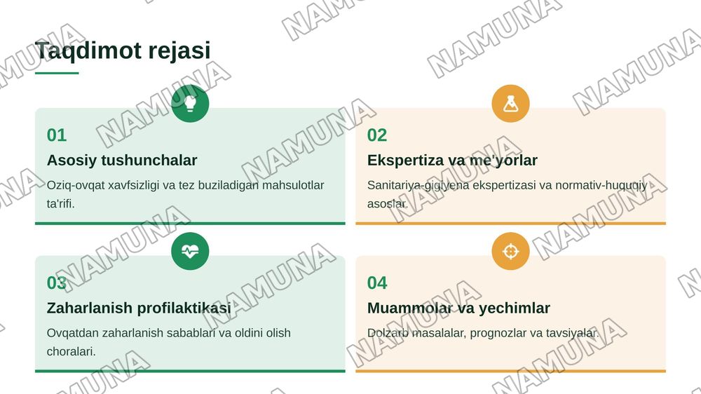 Oziq-ovqat xavfsizligini ta'minlash tizimida tez buziladigan oziq-ovqat mahsulotlarini sanitariya-gigiyena ekspertizasining uslubiy printsiplari va normativ-huquqiy jihatlari.Ovqatdan zaharlanishning oldini olish asoslari: profilaktika choralarining tasnifi, tuzilishi va gigienik xususiyatlari. — 2-slayd