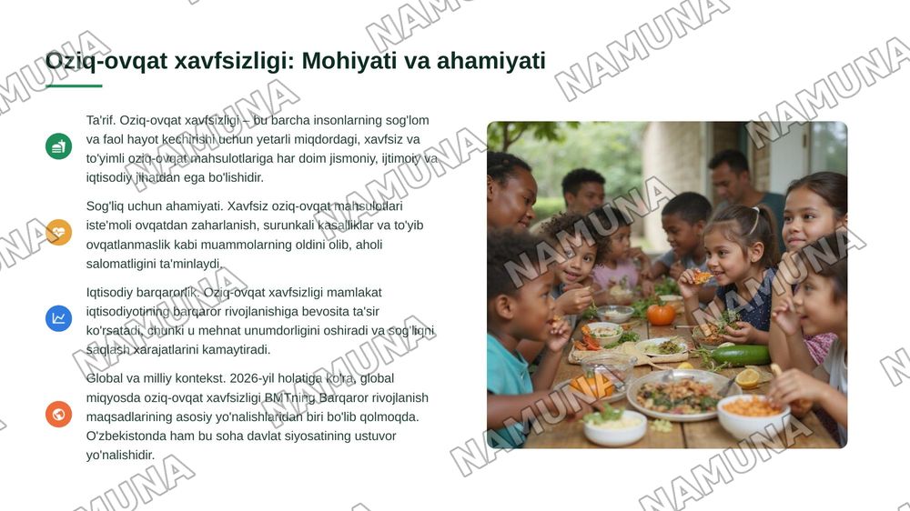 Oziq-ovqat xavfsizligini ta'minlash tizimida tez buziladigan oziq-ovqat mahsulotlarini sanitariya-gigiyena ekspertizasining uslubiy printsiplari va normativ-huquqiy jihatlari.Ovqatdan zaharlanishning oldini olish asoslari: profilaktika choralarining tasnifi, tuzilishi va gigienik xususiyatlari. — 3-slayd