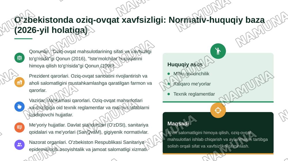 Oziq-ovqat xavfsizligini ta'minlash tizimida tez buziladigan oziq-ovqat mahsulotlarini sanitariya-gigiyena ekspertizasining uslubiy printsiplari va normativ-huquqiy jihatlari.Ovqatdan zaharlanishning oldini olish asoslari: profilaktika choralarining tasnifi, tuzilishi va gigienik xususiyatlari. — 6-slayd