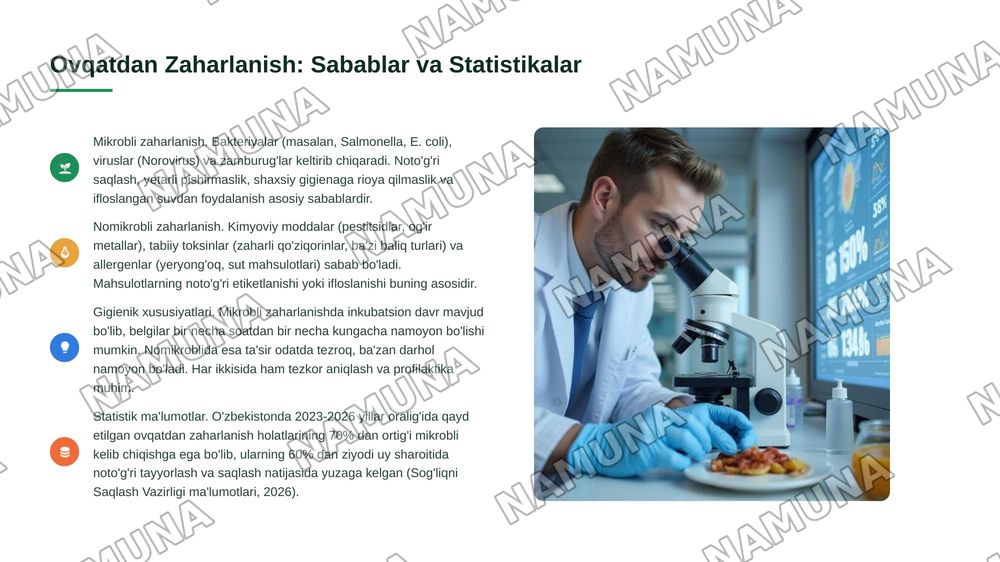 Oziq-ovqat xavfsizligini ta'minlash tizimida tez buziladigan oziq-ovqat mahsulotlarini sanitariya-gigiyena ekspertizasining uslubiy printsiplari va normativ-huquqiy jihatlari.Ovqatdan zaharlanishning oldini olish asoslari: profilaktika choralarining tasnifi, tuzilishi va gigienik xususiyatlari. — 7-slayd