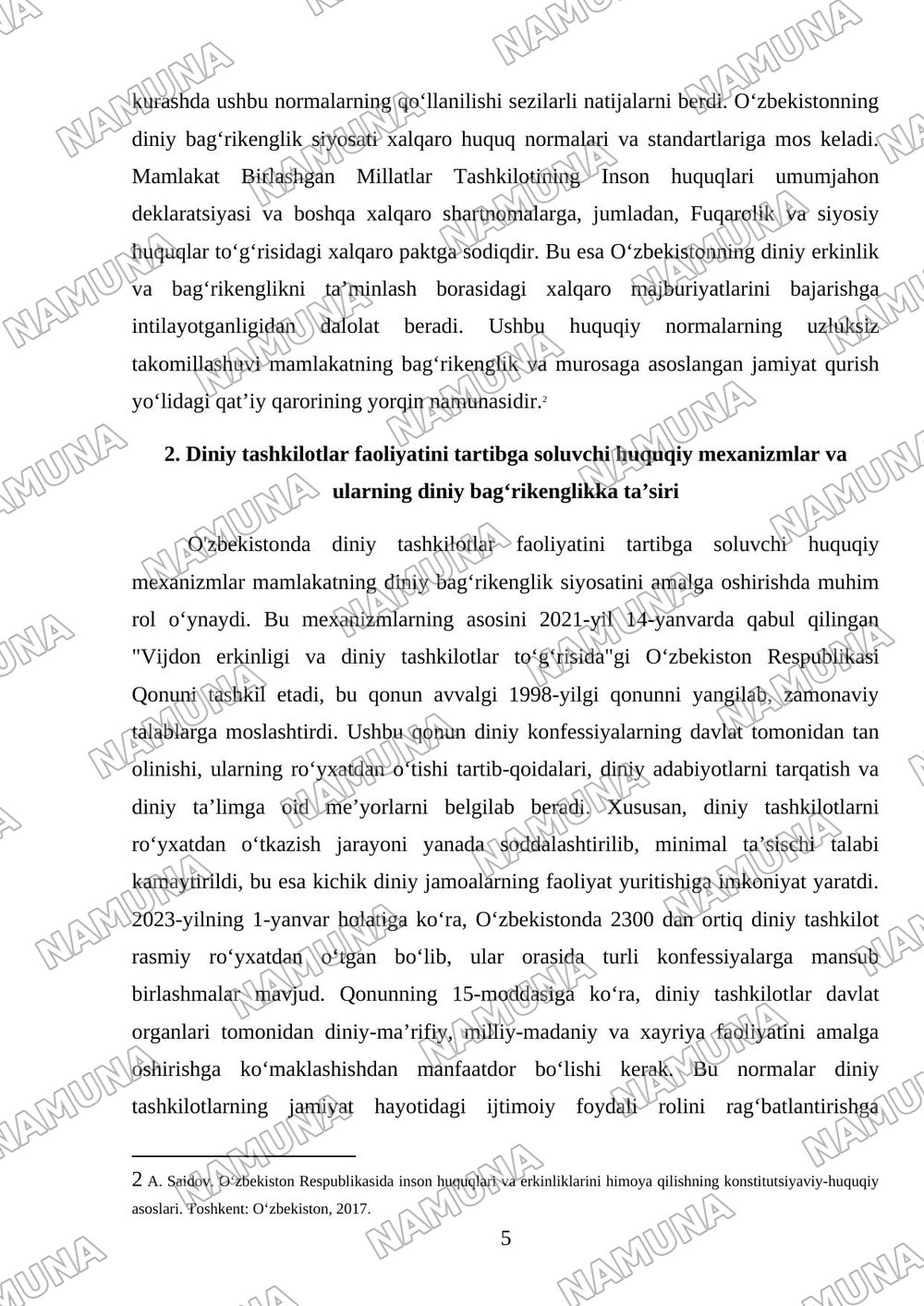 Oʻzbekistonda diniy bagʻrikenglik bilan bogʻliq qonun hujjatlari tahlili — 5-varaq