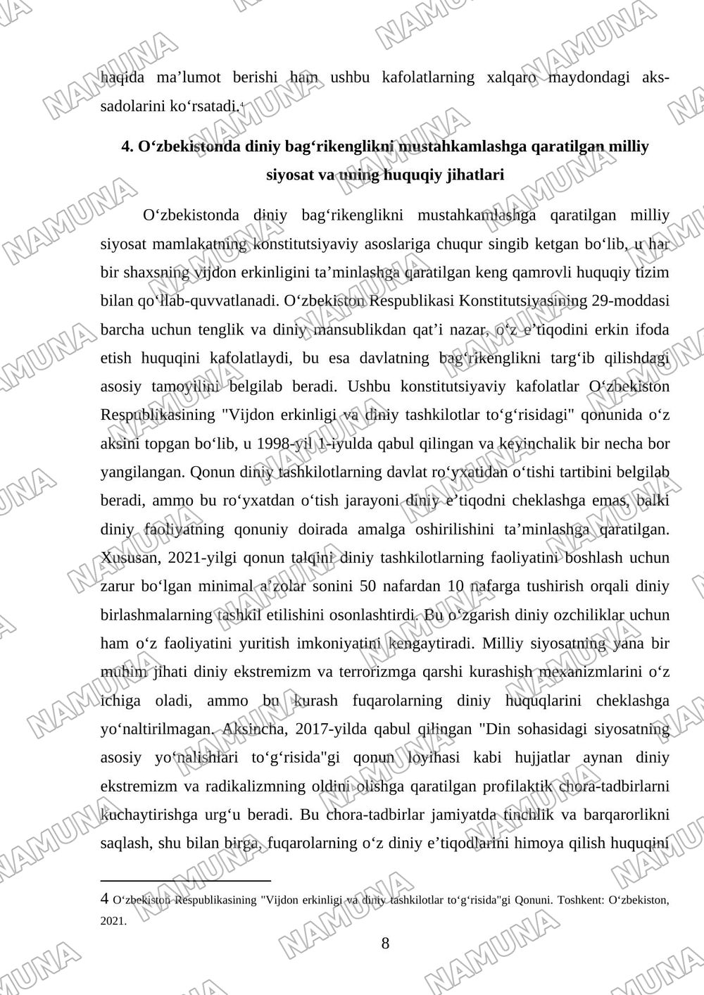 Oʻzbekistonda diniy bagʻrikenglik bilan bogʻliq qonun hujjatlari tahlili — 8-varaq