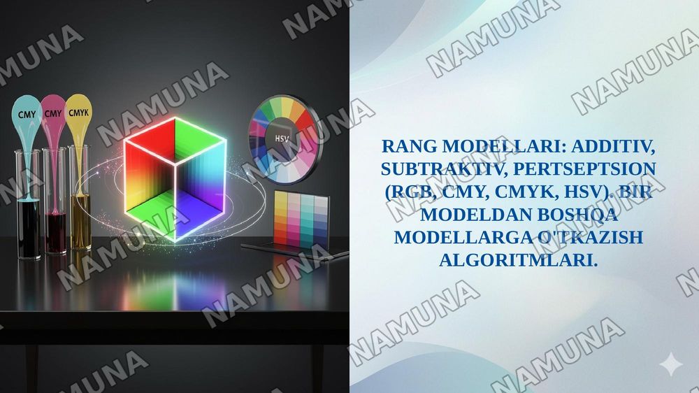 RANG MODELLARI: ADDITIV, SUBTRAKTIV, PERTSEPTSION (RGB, CMY, CMYK, HSV). BIR MODELDAN BOSHQA MODELLARGA O'TKAZISH ALGORITMLARI. — 1-slayd