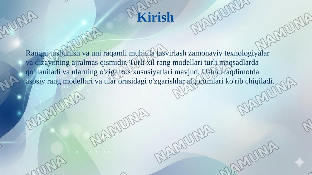 RANG MODELLARI: ADDITIV, SUBTRAKTIV, PERTSEPTSION (RGB, CMY, CMYK, HSV). BIR MODELDAN BOSHQA MODELLARGA O'TKAZISH ALGORITMLARI. — 3-slayd